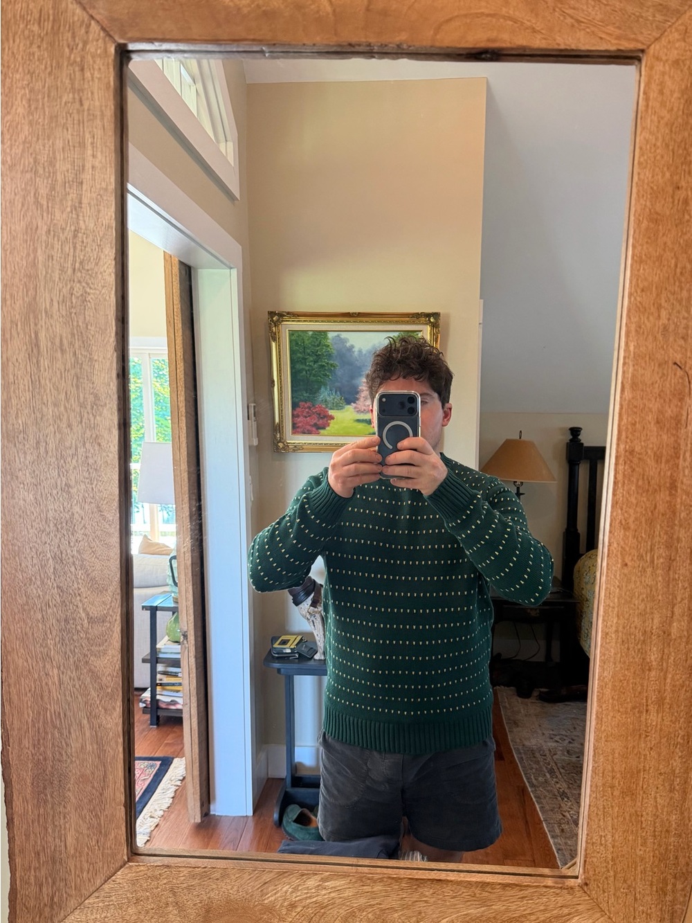 J. Crew Dark Green Crewneck Sweater with Contrasting Dots